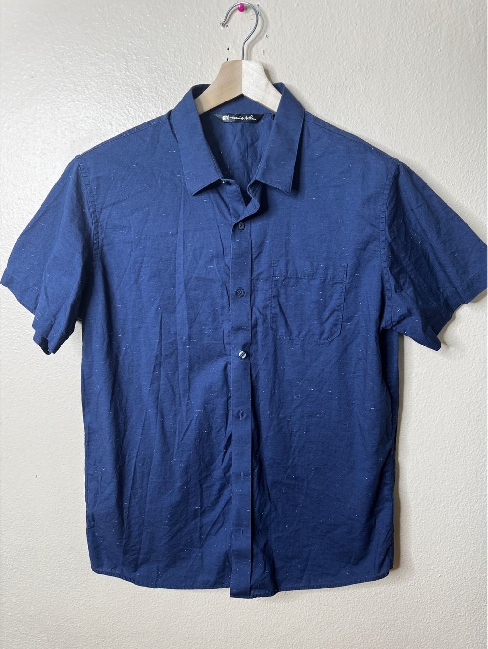Travis Mathew Shirt Men’s Large Navy Blue Short Sleeve Cotton Blend Button Up